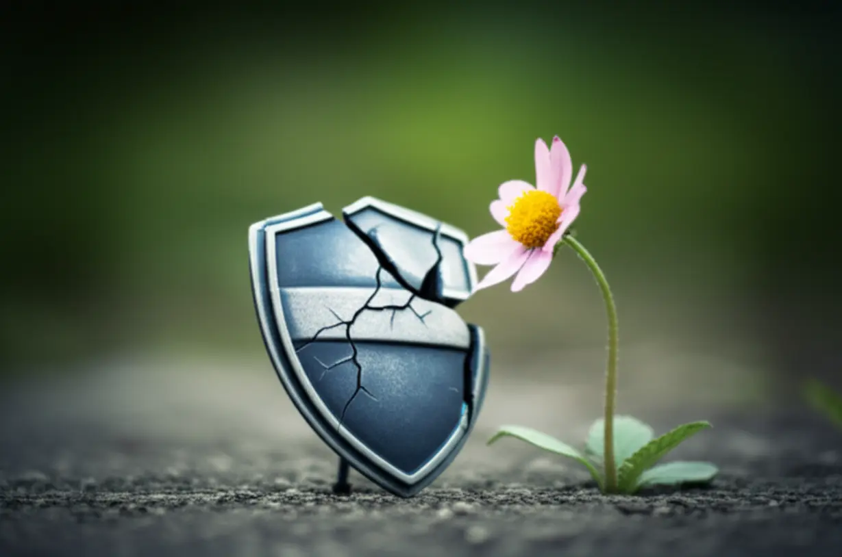 A-cracked-shield-protecting-a-fragile-flower,-depicting-weakened-immunity.