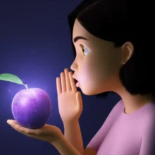 손에-마법처럼-빛나는-자두를-들고-조용히-비밀을-속삭이는-사람의-귀여운-3D-이미지,-건강한-아우라가-은은하게-퍼진다