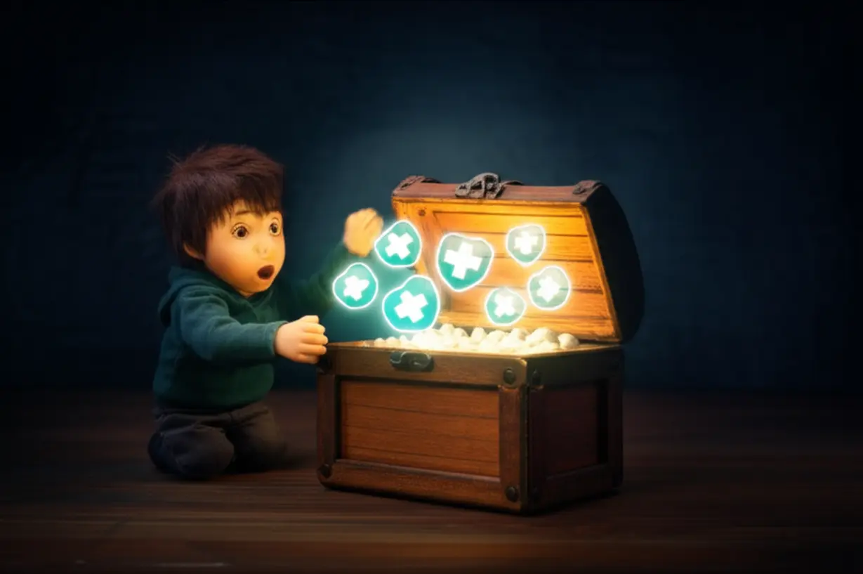 한-사람이-빛나는-건강-심볼들로-가득-찬-숨겨진-보물-상자를-놀란-표정으로-발견하는-귀여운-3D-이미지