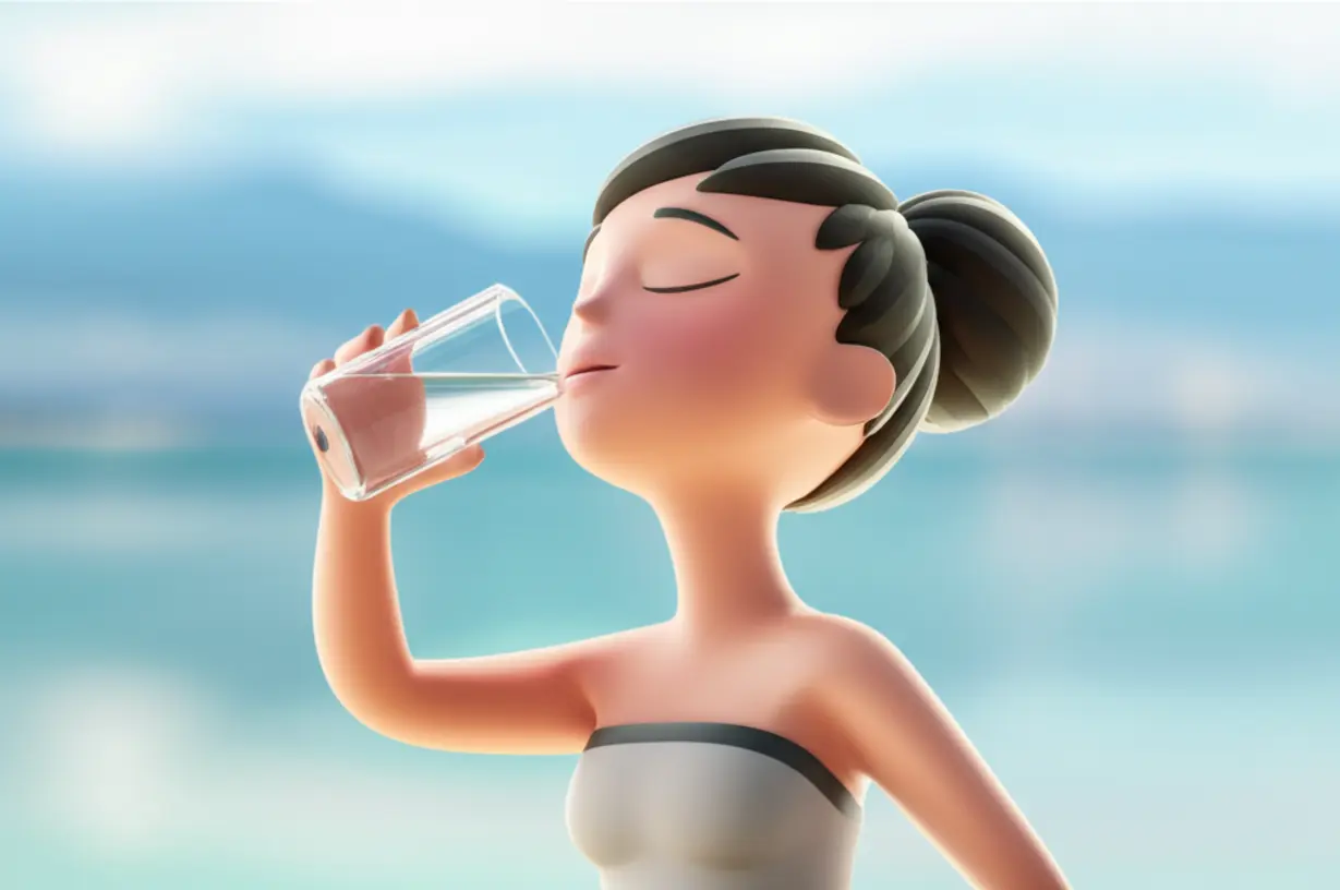 A-person-engaging-in-three-healthy-habits:-drinking-water,-meditating,-and-light-exercise.