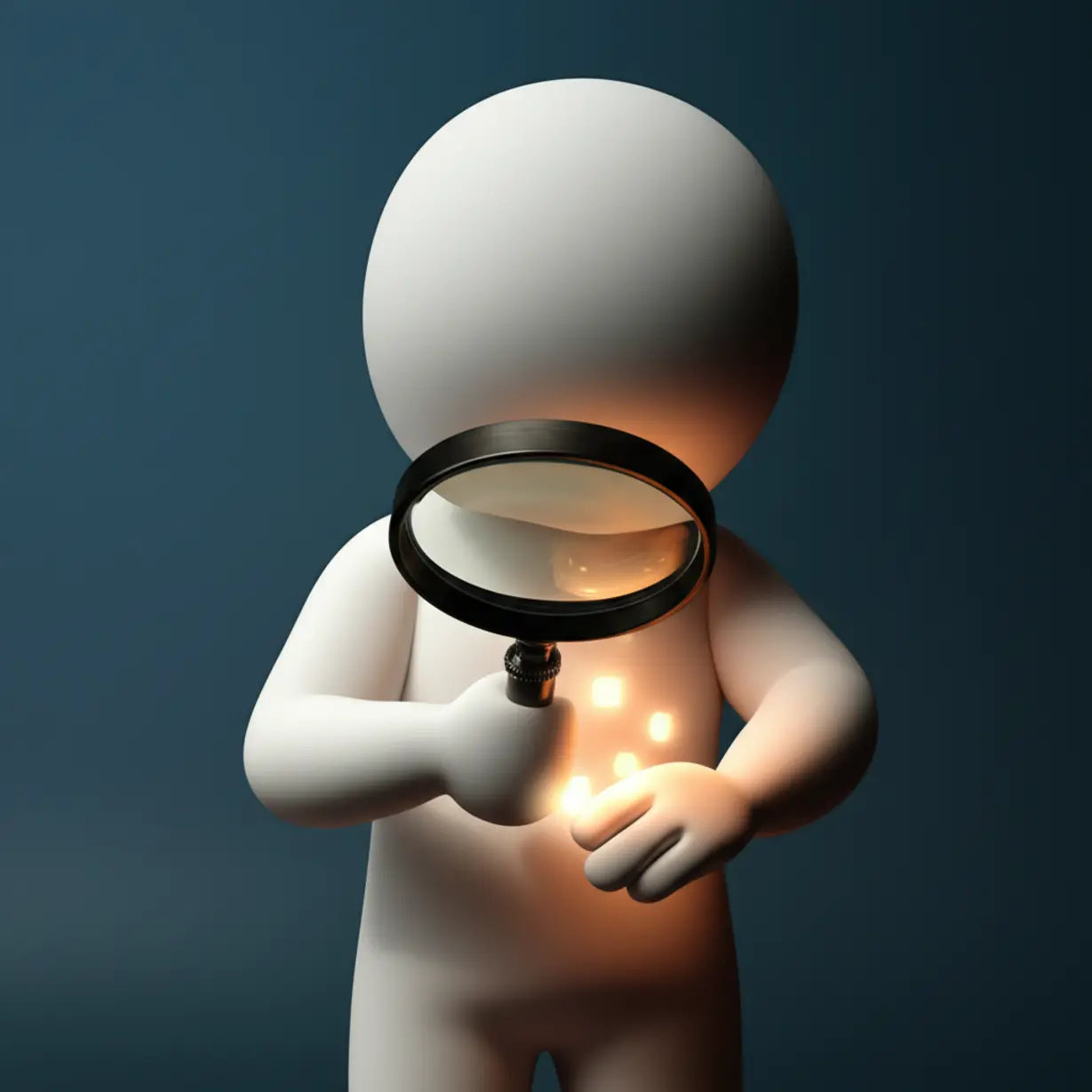 A-cute-3D-character-examining-their-arm-with-a-magnifying-glass,-focusing-on-subtle-glowing-health-indicators.