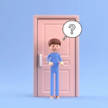 A-cute-3D-illustration-of-a-person-standing-awkwardly-in-front-of-a-bathroom-door,-with-a-question-mark-in-a-thought-bubble,-reflecting-stress.