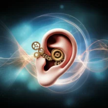 A-cute-3D-illustration-of-a-human-ear,-surrounded-by-soft,-flowing-energy-lines-and-tiny,-delicate-gears,-representing-inner-balance-and-the-complexity-of-ear-health.