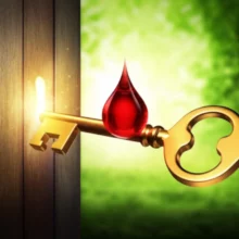 A-glowing-blood-drop-turning-into-a-key,-opening-a-door-to-a-beautiful,-healthy-world.