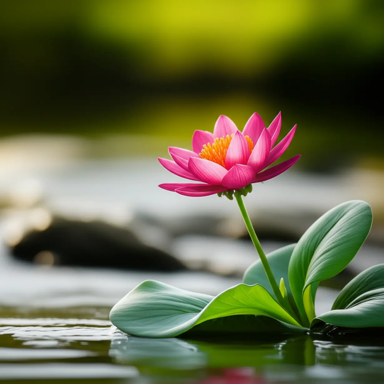 A-cute-3D-image-of-a-vibrant,-blooming-flower-thriving-beside-a-clear,-gently-flowing-stream,-symbolizing-renewed-health-and-natural-balance.