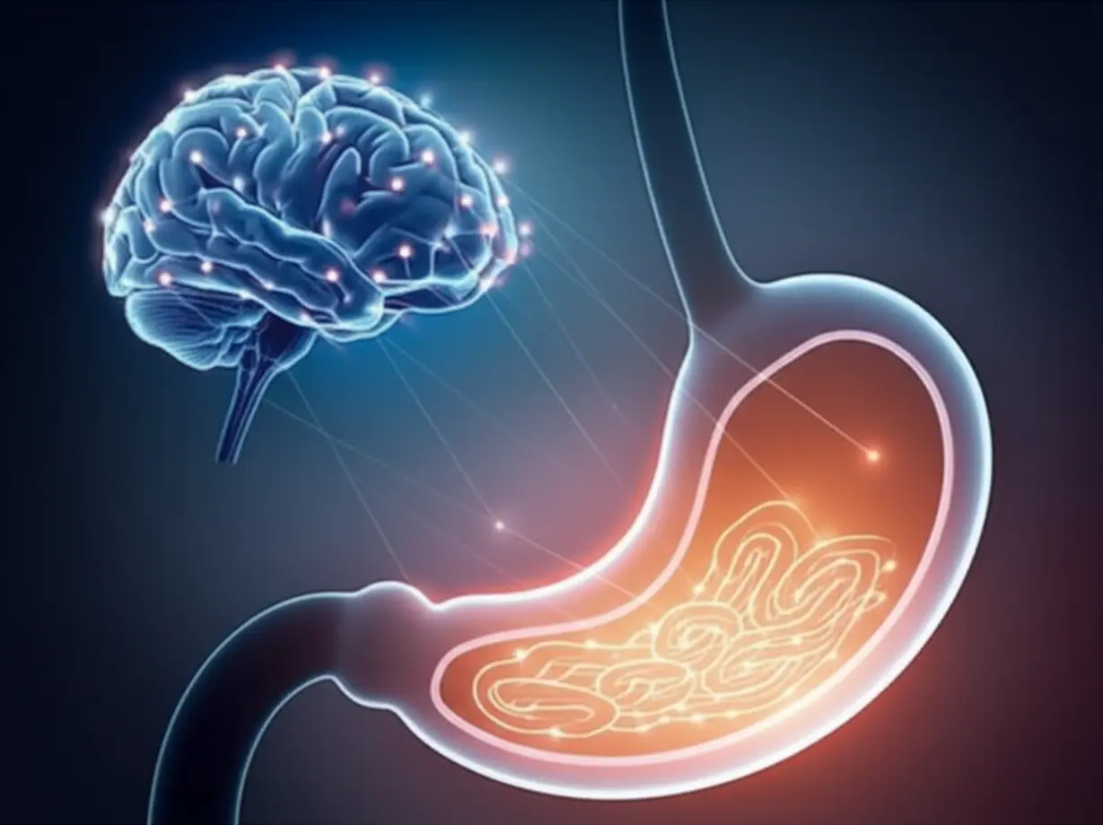 A-cute-3D-image-showing-a-glowing-brain-connected-to-a-stomach,-representing-the-mind-body-link-in-health.