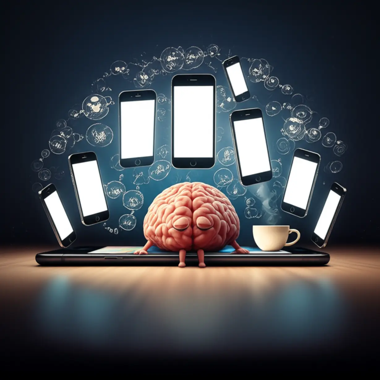 Cute-3D-sleepy-brain-character-struggling-with-phone,-coffee,-and-thoughts.