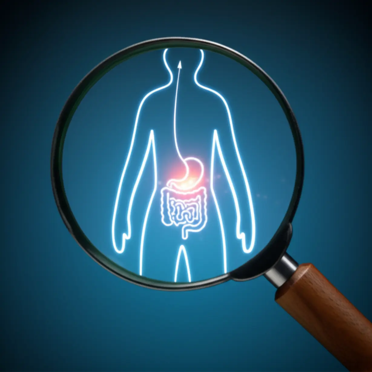A-cute-3D-image-of-a-magnifying-glass-examining-a-glowing-torso,-symbolizing-careful-medical-investigation.