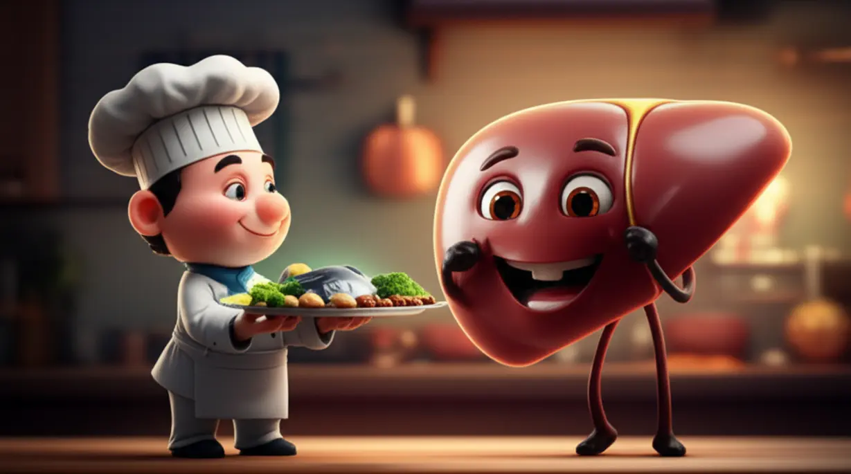 행복한-간을-위한-건강한-음식들을-내미는-요리사-캐릭터-이미지