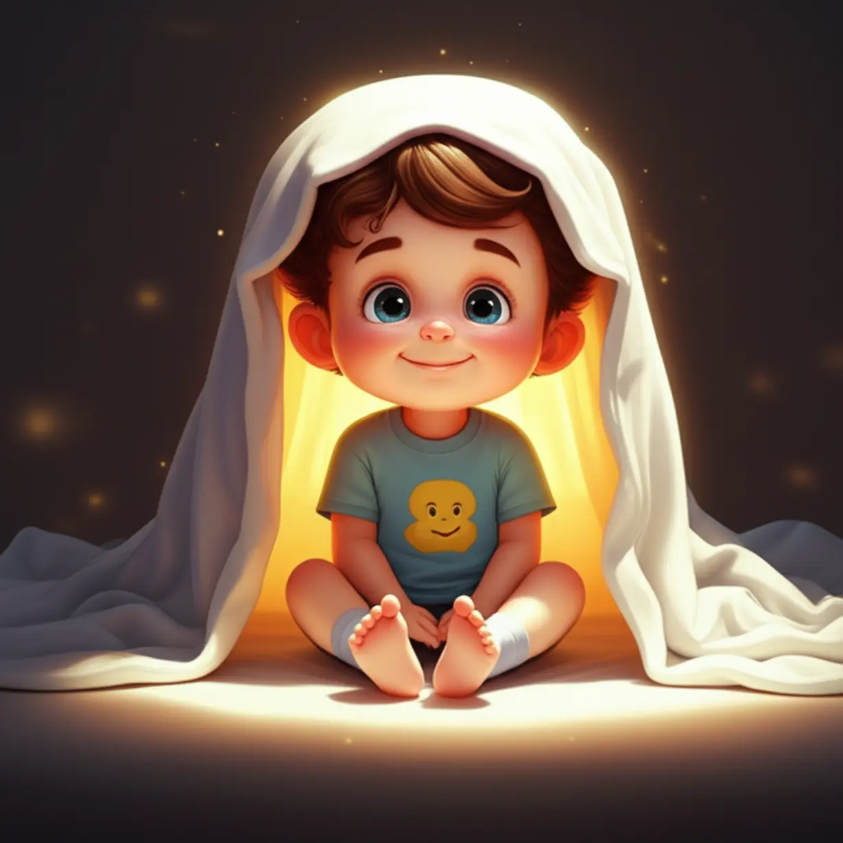 따뜻하고-부드러운-담요-아래-평화롭게-앉아-미소-짓는-행복한-아이-캐릭터,-안정감을-표현.