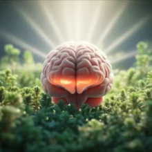A-luminous-brain-surrounded-by-green-herbs,-symbolizing-clear-understanding-of-natural-health.