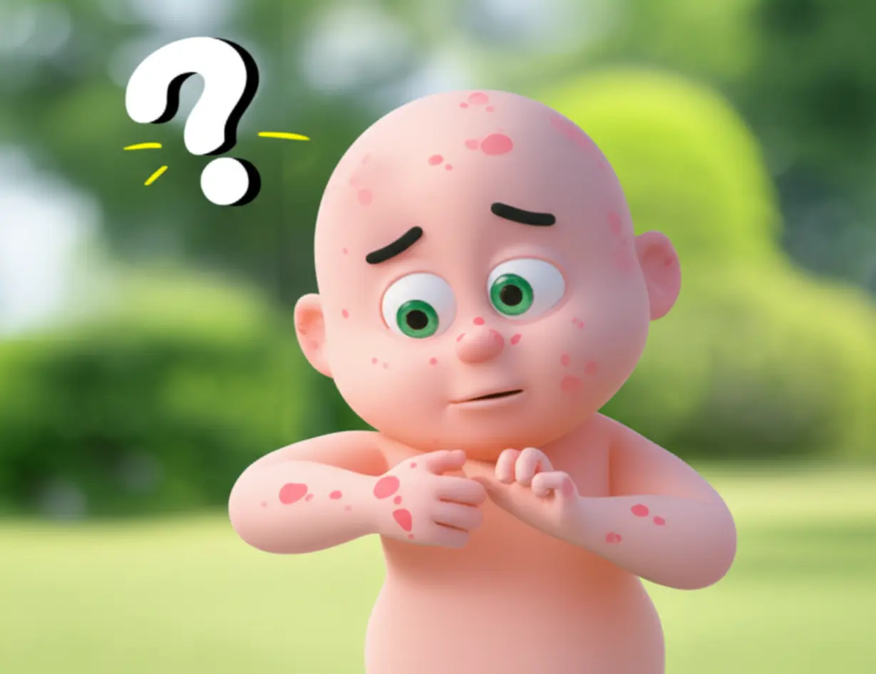 팔을-긁으며-붉은-반점에-의아해하는-캐릭터,-머리-위에-물음표가-있음