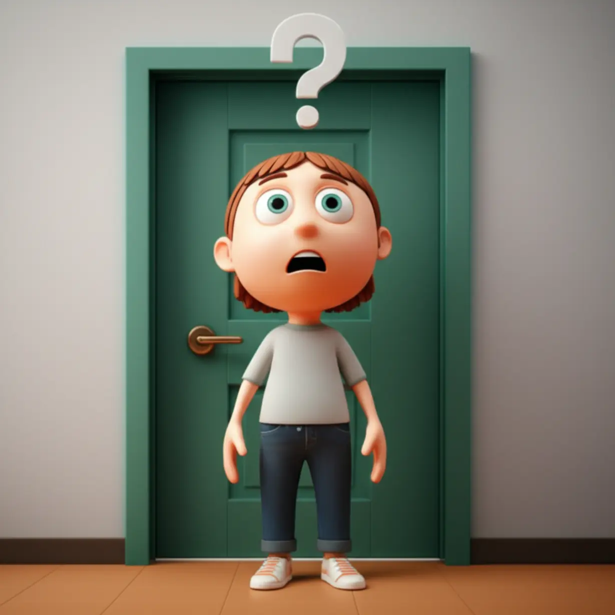 A-cute-3D-illustration-of-a-slightly-confused-person-standing-outside-a-bathroom-door,-symbolizing-the-common-misunderstanding-of-shy-bladder-syndrome.