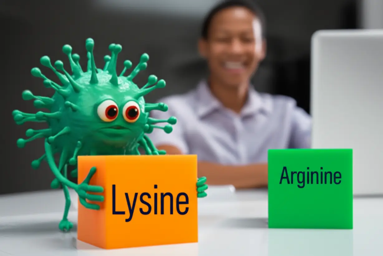 교활한-바이러스-캐릭터가-잘못된-블록(라이신)을-들고-혼란스러워하고,-올바른-블록(아르기닌)은-멀리-떨어져-있으며,-배경에는-행복하고-건강한-사람이-있다.