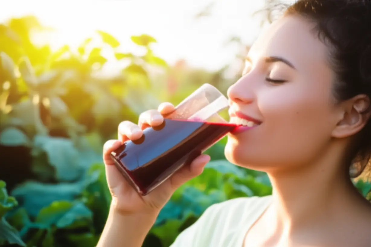 한-사람이-아침-햇살-아래에서-행복하게-빨간-비트즙-파우치를-마시고-있으며,-배경에는-활기찬-건강-식물이-자라고-있어-꾸준한-건강-습관을-상징합니다.