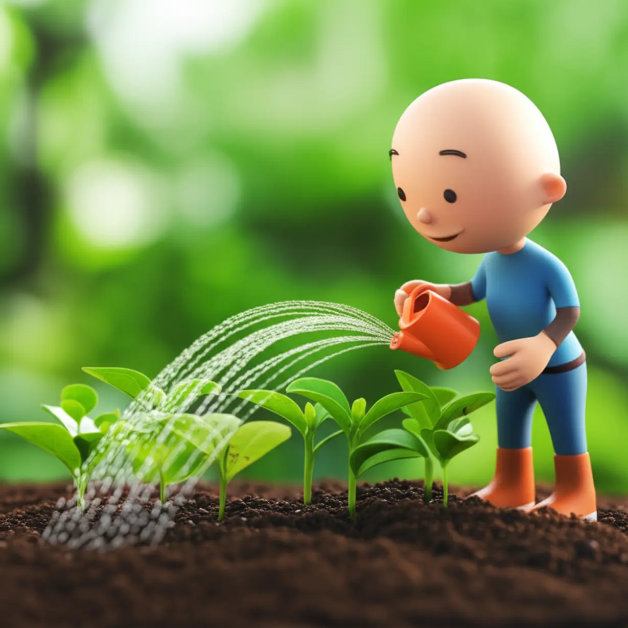 A-cute-3D-character-watering-small,-healthy-green-plants-in-a-garden,-representing-consistent-daily-effort-in-maintaining-gut-health-and-preventing-illness.