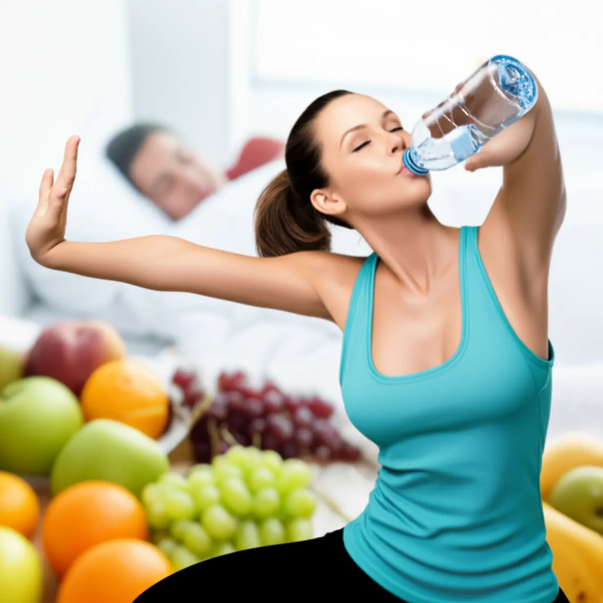 A-happy-person-stretching,-drinking-water,-surrounded-by-healthy-elements-like-fruits-and-a-peaceful-sleep-setting,-illustrating-simple-lifestyle-changes-for-radiant-skin.