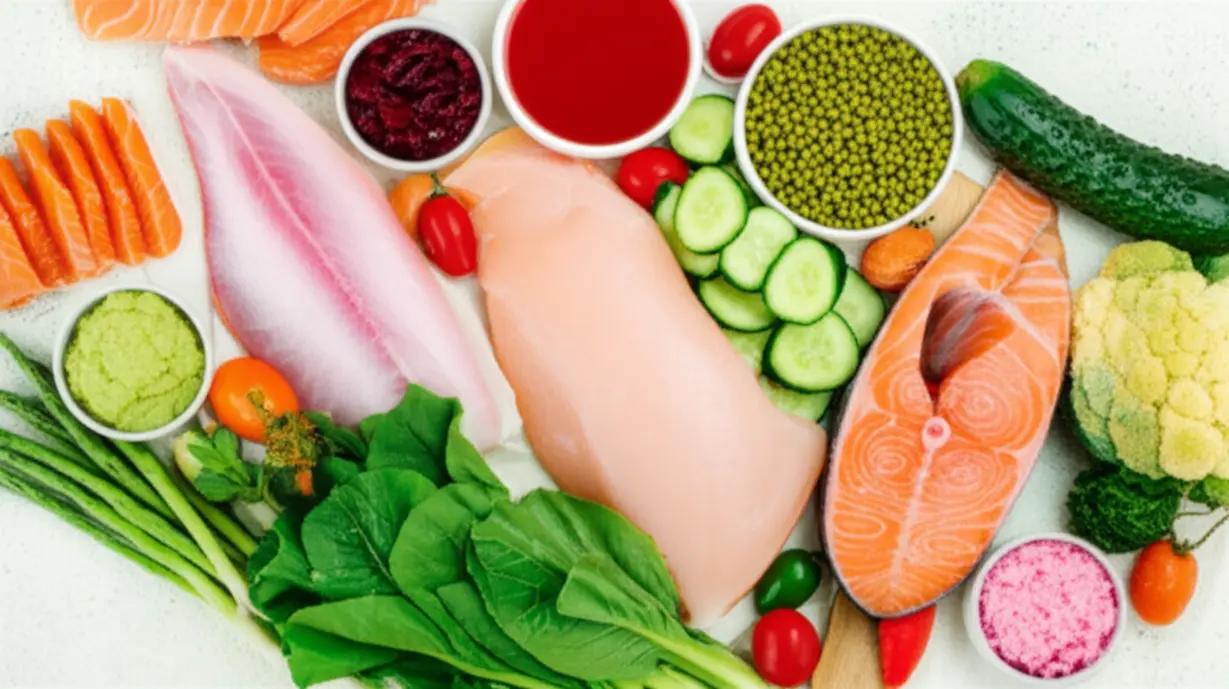 건강한-식단을-구성하는-채소,-흰살생선,-그리고-발효식품의-귀여운-3D-이미지