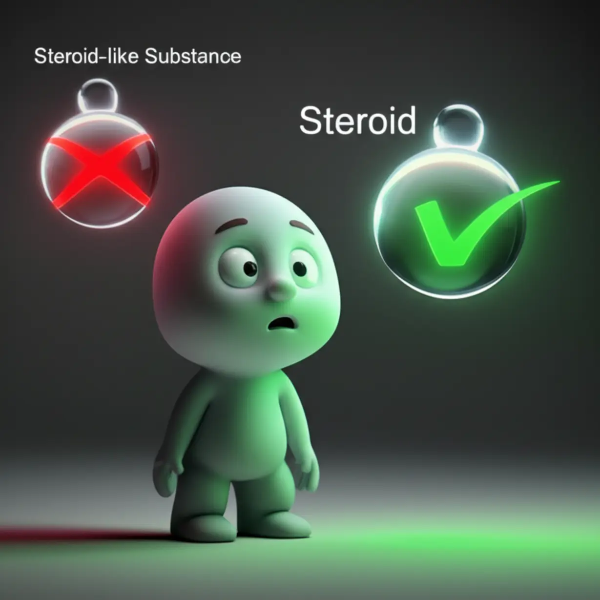 A-puzzled-character-looking-at-two-distinct-molecules,-one-marked-safe,-the-other-harmful.
