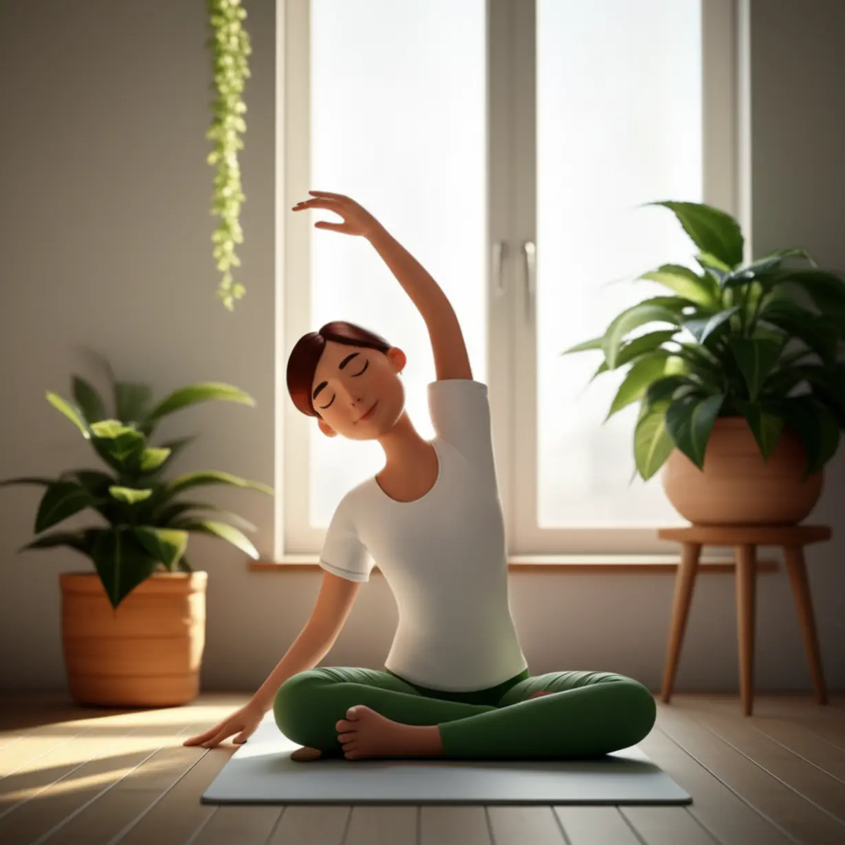 A-serene-person-performing-a-gentle-stretch-in-a-sunlit-room-filled-with-calming-plants,-embodying-self-care-and-a-pain-free-lifestyle.