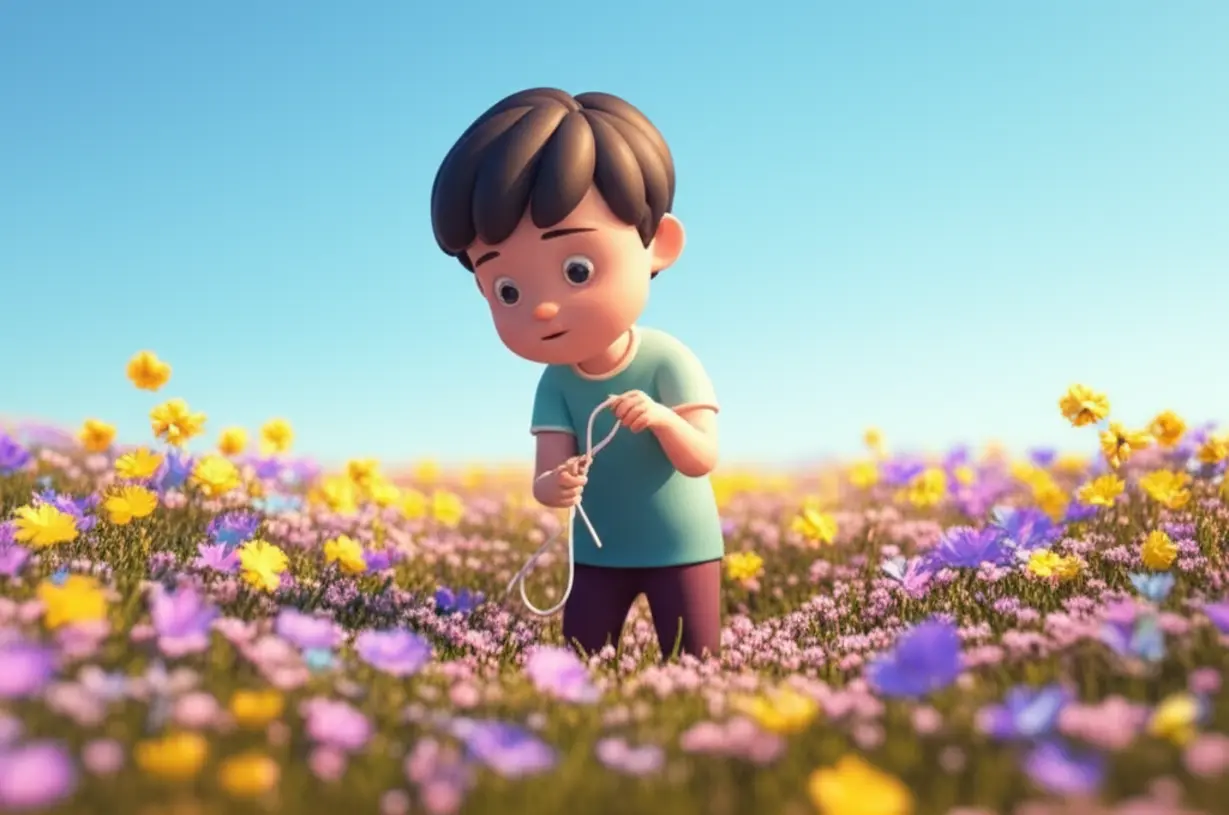 A-3D-rendering-of-a-person-untangling-a-knot,-surrounded-by-blooming-flowers,-symbolizing-recovery-and-peace.