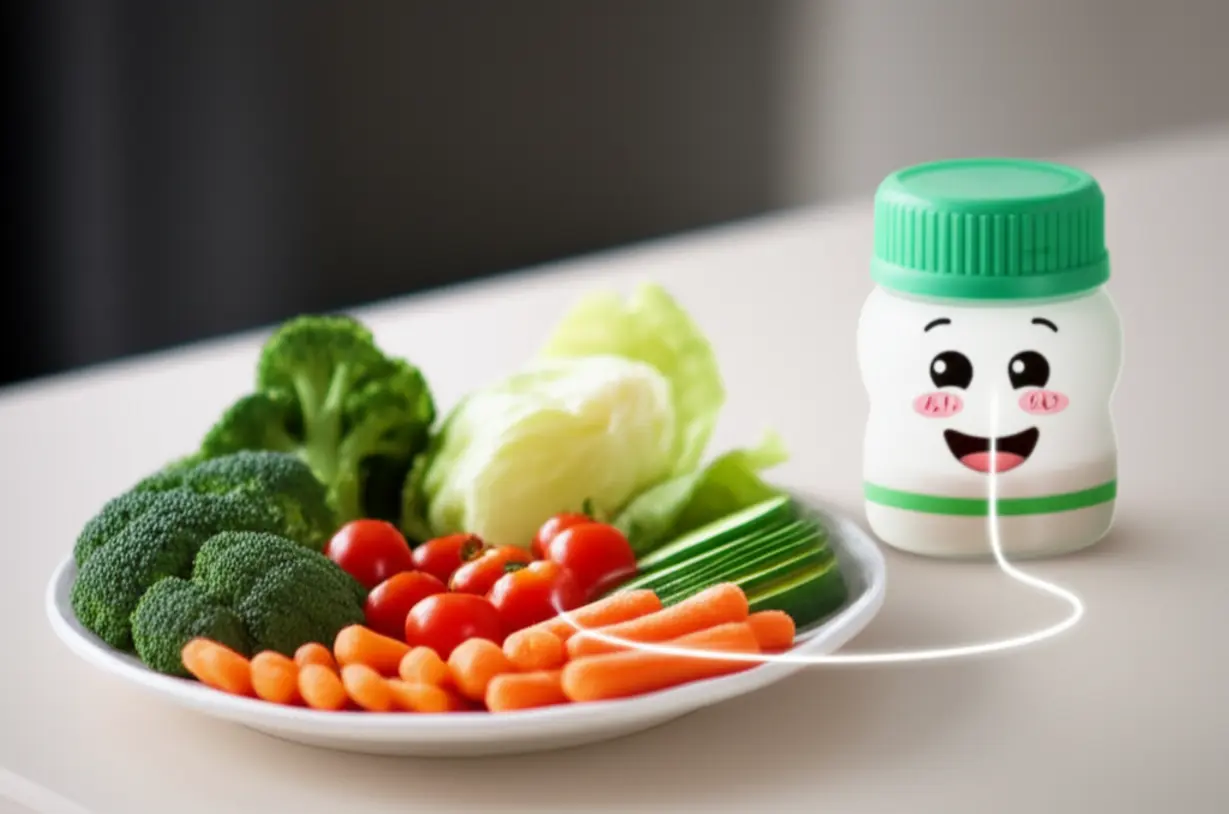 A-cute-3D-illustration-depicting-the-synergy-between-healthy-food-and-probiotics-for-gut-health.