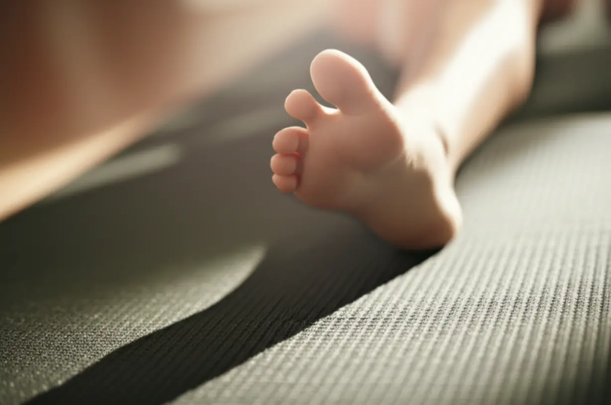 요가-매트-위에서-부드럽게-스트레칭하는-발의-귀여운-3D-이미지,-따뜻한-빛이-발산되며-유연성과-편안함을-상징한다.