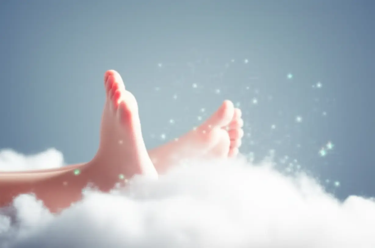 구름-위에서-편안하게-쉬고-있는-발의-귀여운-3D-이미지,-주변에는-치유의-작은-반짝임이-떠다니며-휴식과-회복을-상징한다.