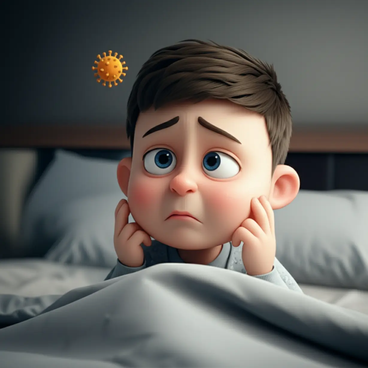 피로해-보이는-사람이-작은-바이러스-기호-위로-좌절하는-표정을-짓고-있지만-해결책에-대한-호기심을-보인다.