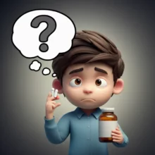 피로하고-좌절한-사람이-약병을-들고-있고,-머리-위에는-커다란-물음표가-있는-모습.-만성적인-불편함과-치료에-대한-의문을-표현합니다.