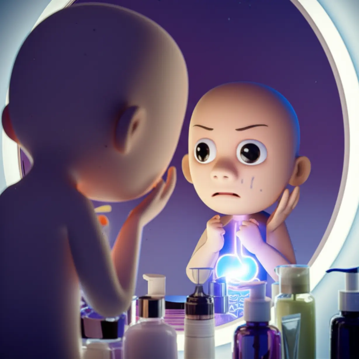 A-cartoon-person-looking-frustrated-while-looking-at-a-mirror,-surrounded-by-empty-cosmetic-bottles,-symbolizing-the-realization-that-external-solutions-aren