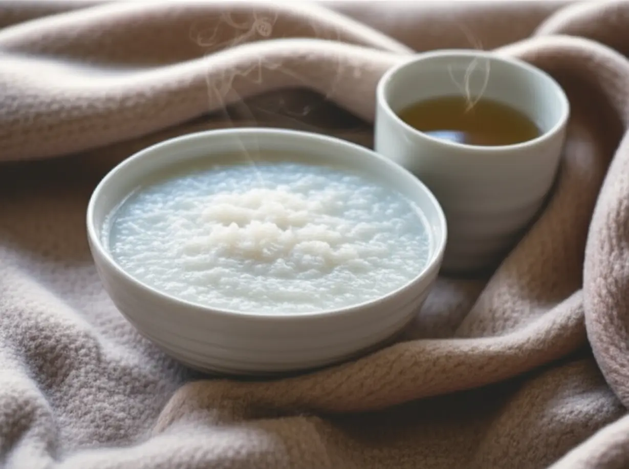A-warm,-comforting-bowl-of-plain-rice-porridge-with-steam,-sitting-on-a-cozy-blanket,-next-to-a-cup-of-barley-tea,-symbolizing-the-first-gentle-step-in-gut-recovery.