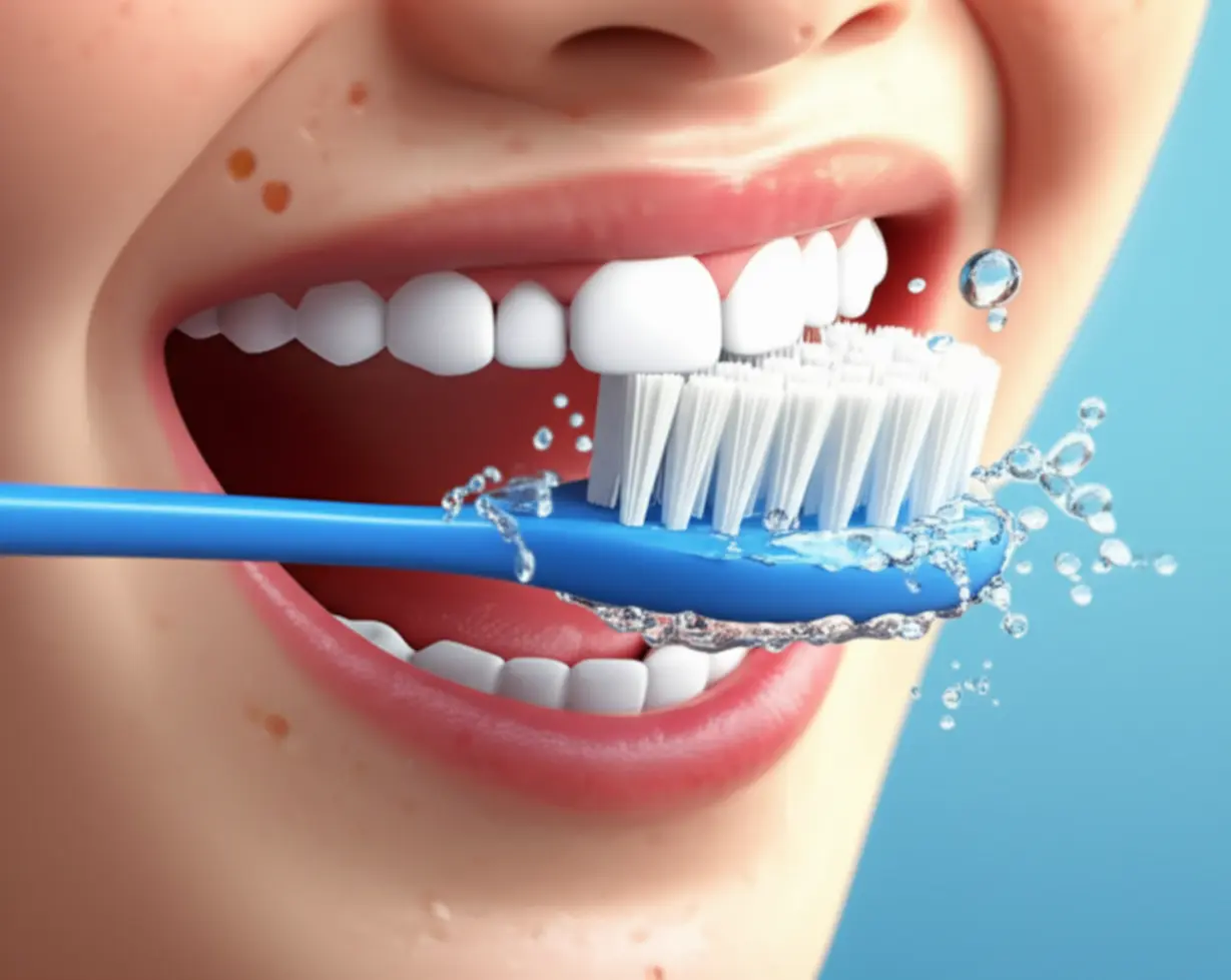 작고-부드러운-칫솔이-행복한-입안을-조심스럽게-쓸어내고-반짝이는-물방울이-튀는-귀여운-3D-이미지