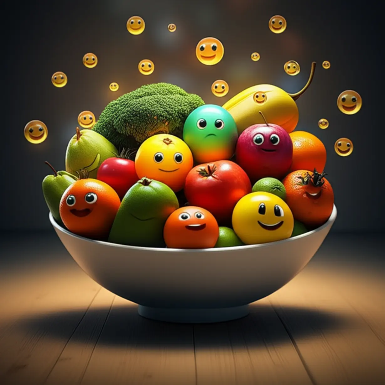 색색깔의-빛나는-과일과-채소가-담긴-그릇과-그-주변을-떠다니는-작고-행복한-비타민-캡슐들이-건강한-에너지를-발산하는-귀여운-3D-이미지