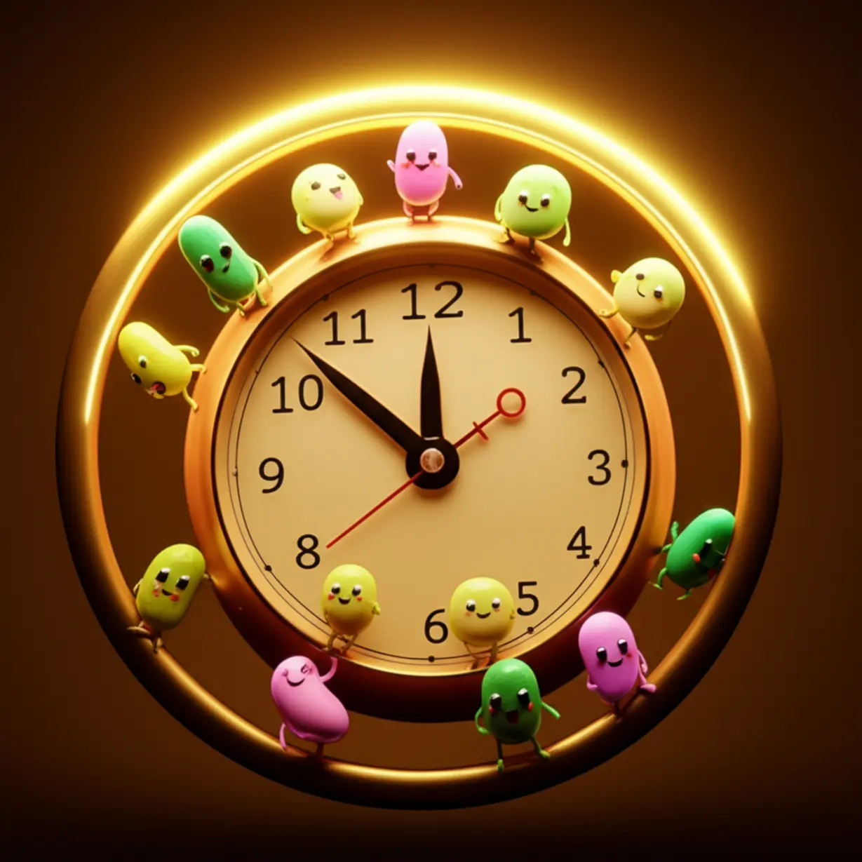 작은-유산균-캐릭터들이-시계-바늘-주위를-춤추는-모습과-시계에서-황금빛-아우라가-나는-모습