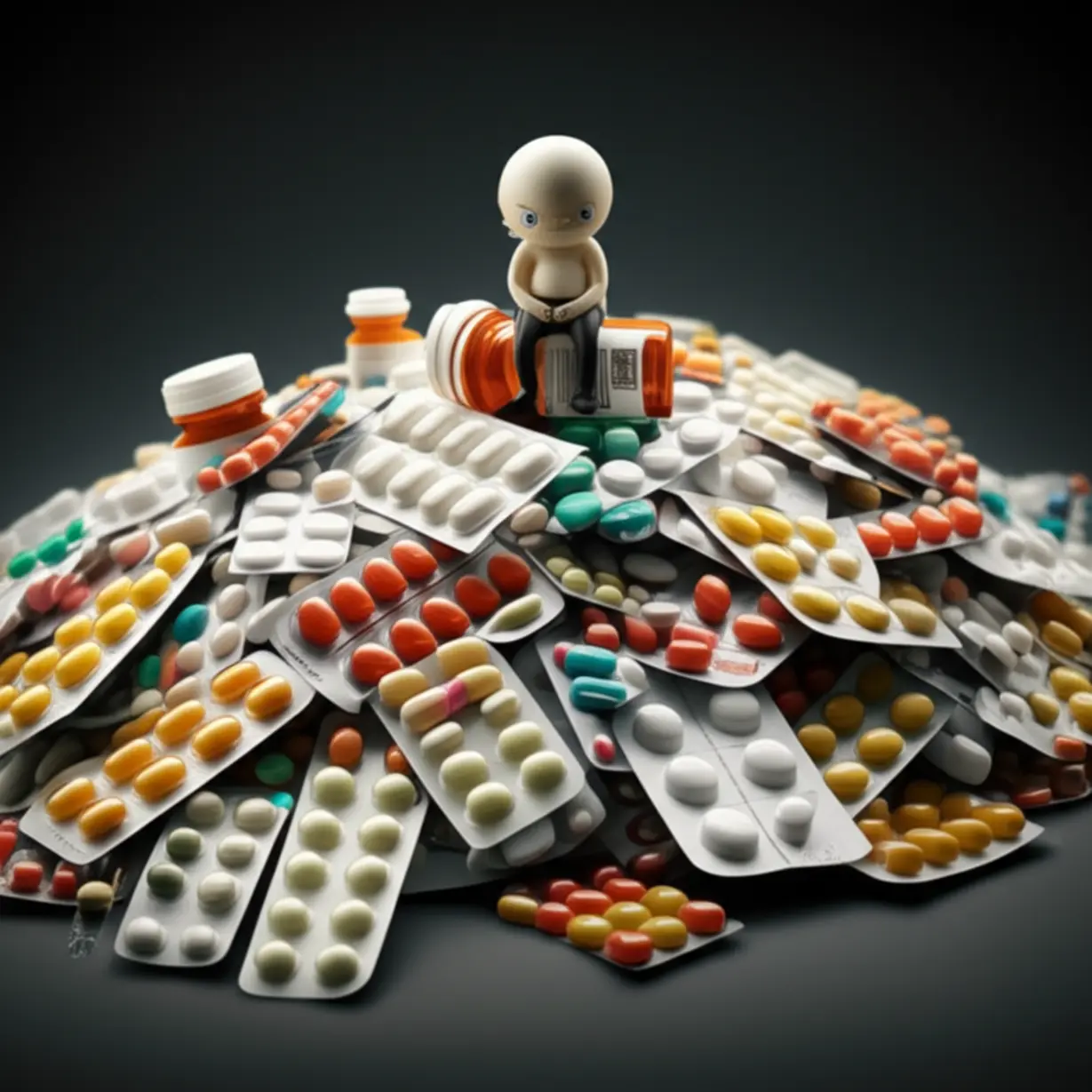 점점-더-많아지는-약병과-약-봉지-더미.-그-위에-좌절한-작은-캐릭터가-앉아-있어,-약에-대한-의존성과-쌓여가는-부담감을-시각적으로-표현합니다.