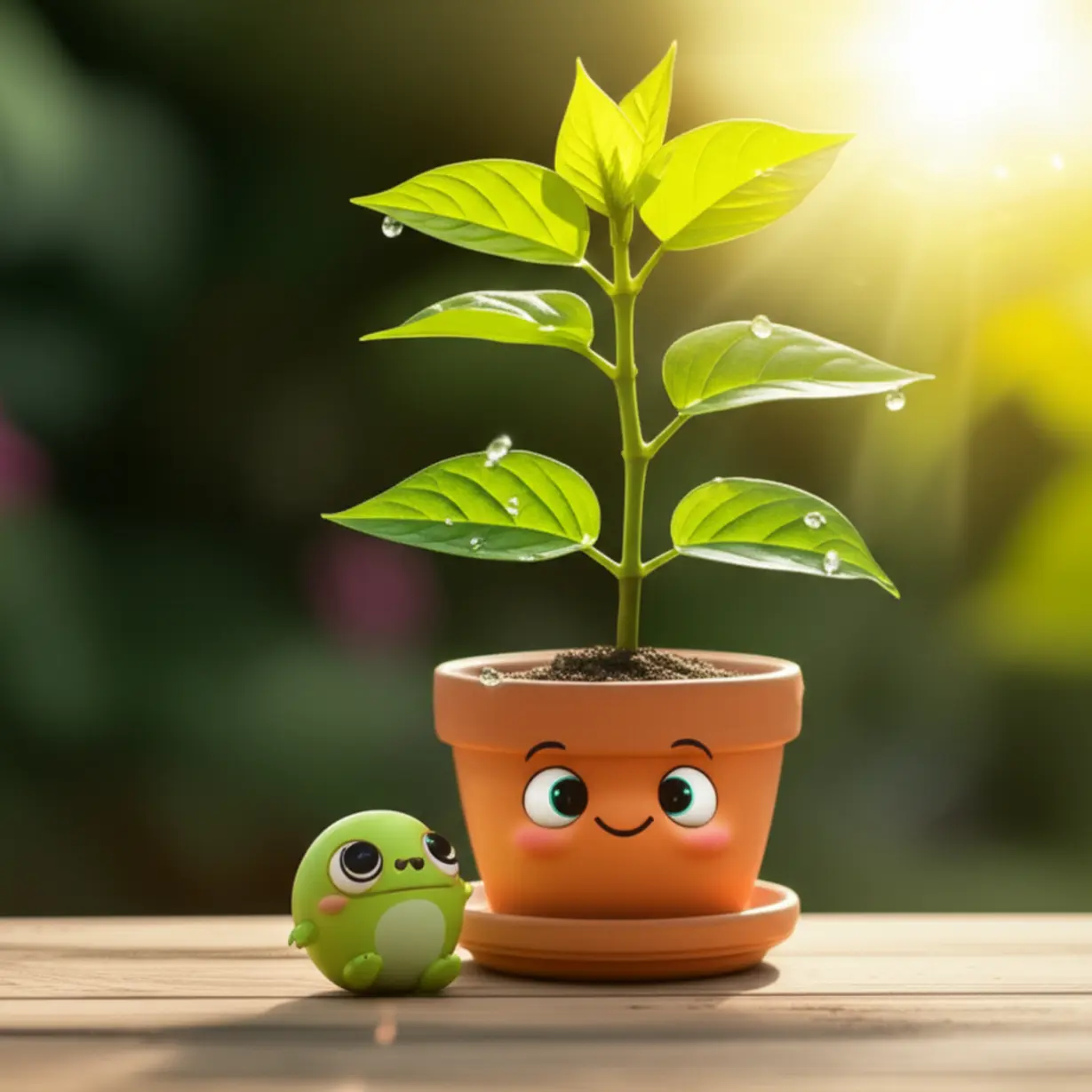 A-cute-3D-representation-of-a-strong-plant-in-a-pot,-watered-and-sunlit,-symbolizing-stable-health,-observed-by-a-happy-creature.
