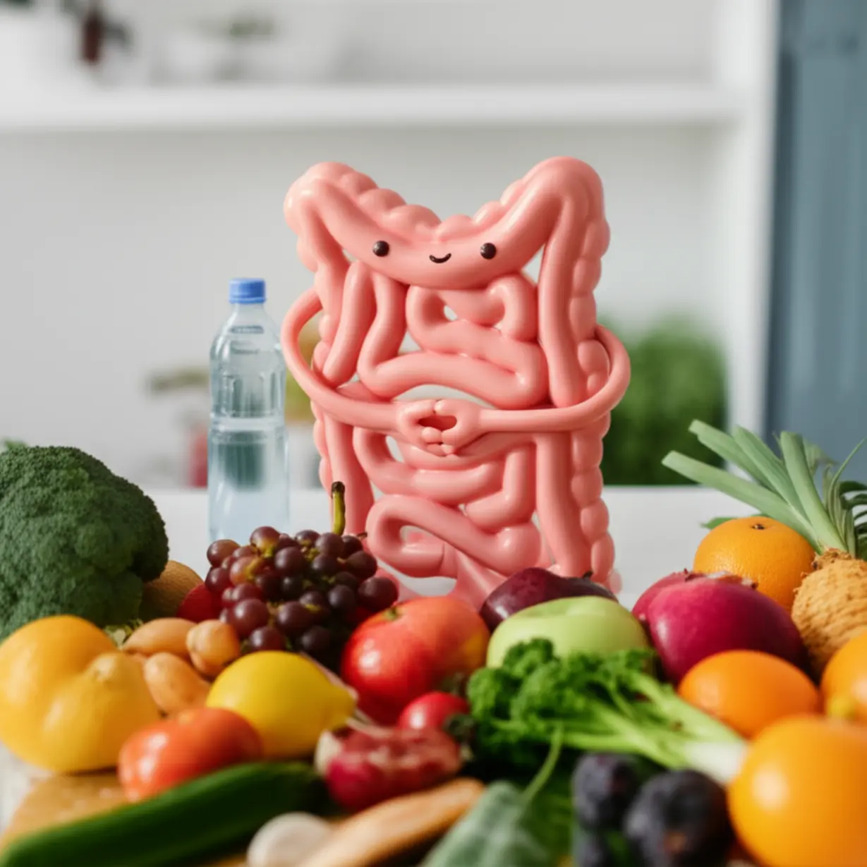 A-cute-3D-gut-character-stretching-peacefully-amidst-healthy-food-and-water.