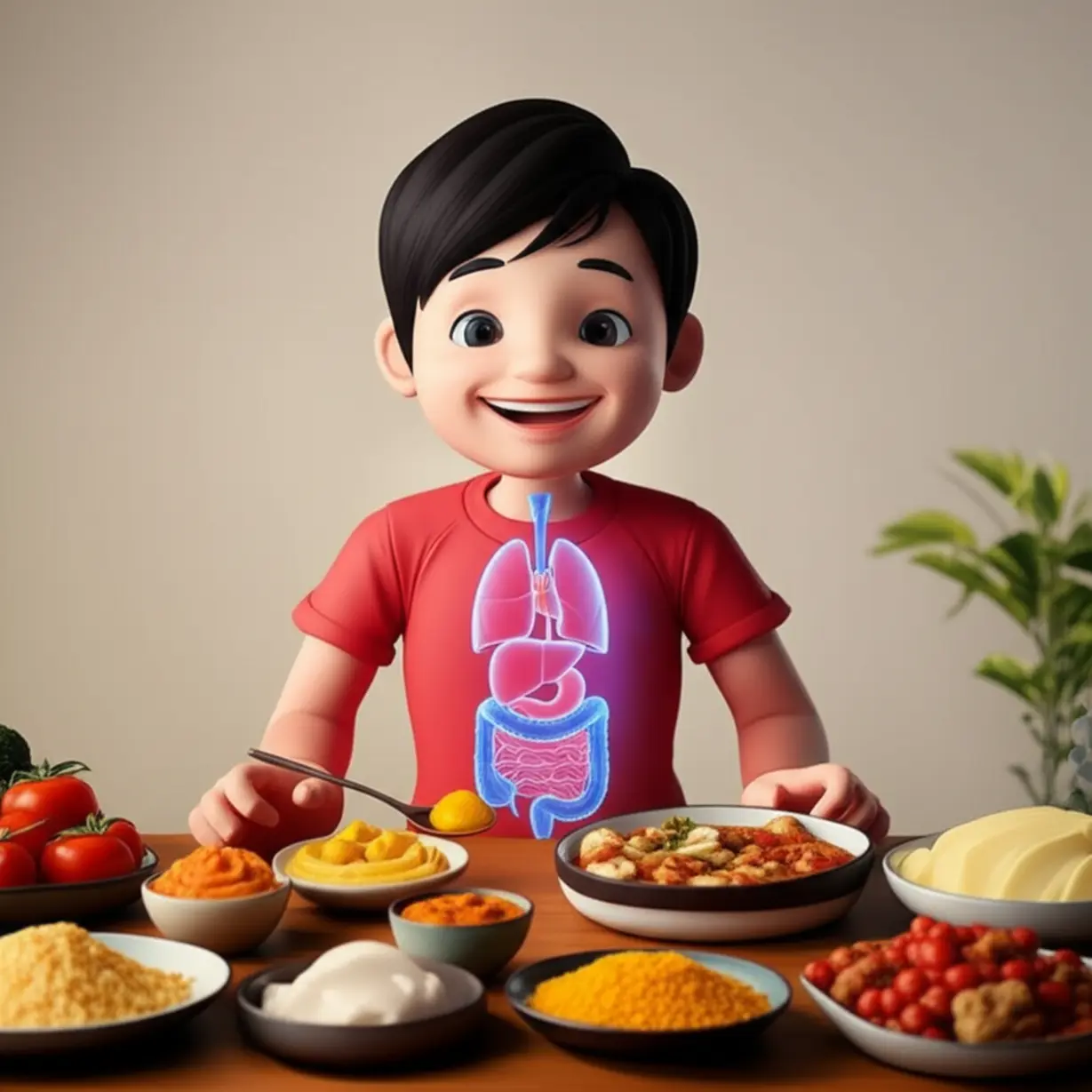 A-cute-3D-character-smiling-while-eating-a-healthy-meal,-surrounded-by-vibrant-fermented-foods,-symbolizing-improved-digestion.