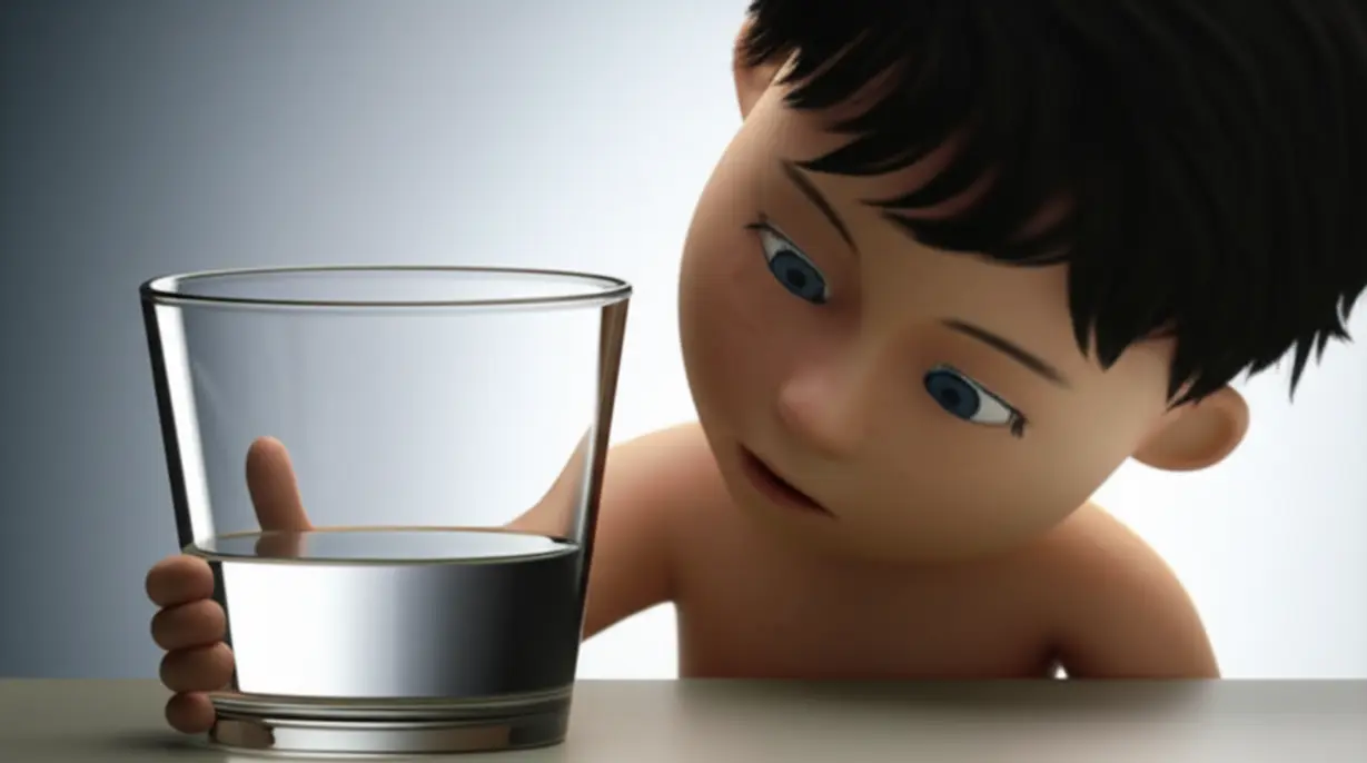 A-cute-3D-character-looking-puzzled-at-a-glass-that-is-only-half-filled,-representing-insufficient-recovery-from-illness.