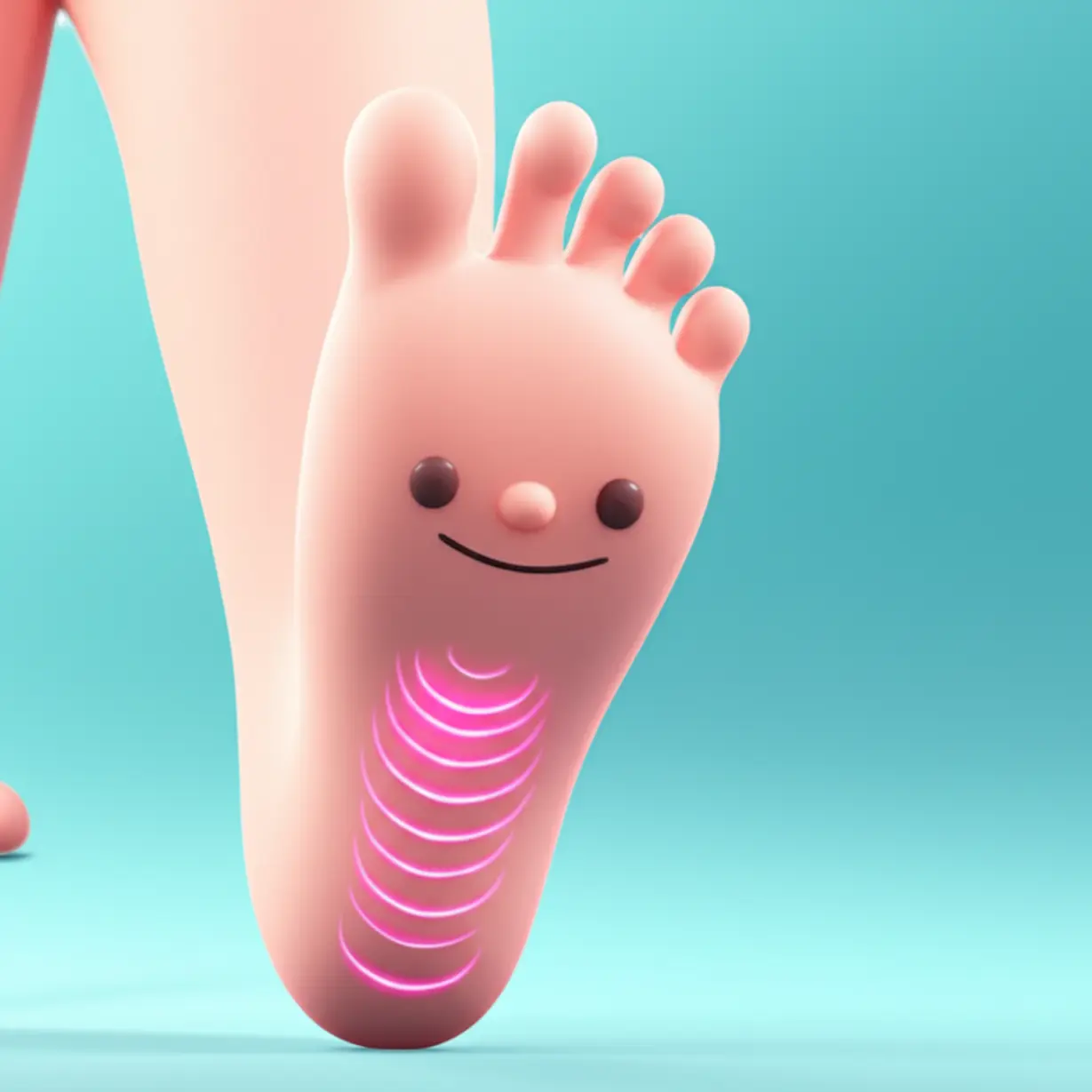 A-cute-3D-cartoon-foot-looking-relaxed,-with-gentle-lines-representing-healthy-blood-flow.