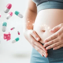 편안한-표정으로-배를-감싸고-있는-사람,-건강한-장을-상징하는-요소들이-주변에-가득한-모습