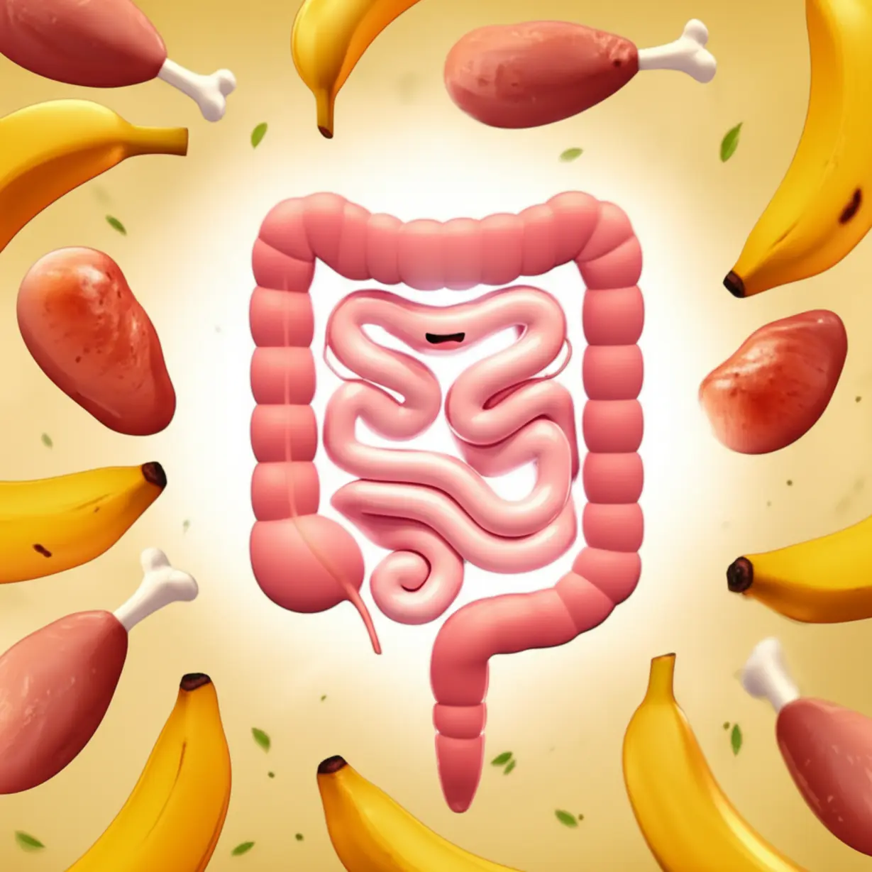 A-cheerful,-glowing-anthropomorphic-gut-character-surrounded-by-cartoon-bananas-and-chicken-breast-pieces,-representing-successful-recovery-through-good-nutrition.