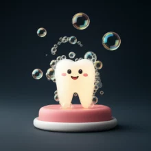 환하게-빛나는-건강한-입안에-작은-행복한-캐릭터가-반짝이는-비눗방울에-둘러싸여-있는-귀여운-3D-이미지