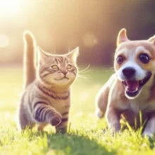 건강하고-활기찬-강아지와-고양이가-햇살-가득한-초원에서-즐겁게-노는-모습