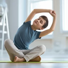 A-cheerful-cartoon-character-in-a-bright-room,-stretching-with-a-happy-expression,-signifying-health-and-well-being.