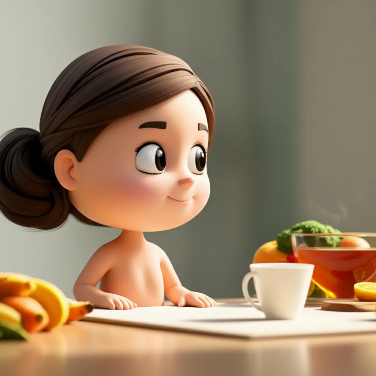 A-simplified-3D-character-joyfully-observing-their-healthier-reflection-with-a-teacup-and-fruits-in-the-background,-symbolizing-successful-weight-management.