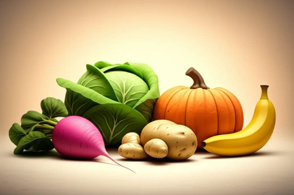 양배추,-감자,-호박,-바나나-등-위에-좋은-신선한-채소들이-따뜻한-빛을-내는-모습