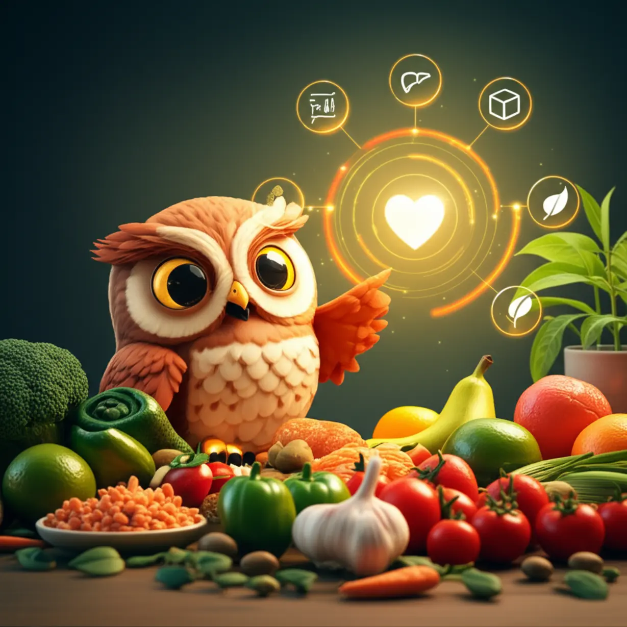 A-friendly-owl-character-pointing-at-a-glowing-chart-of-health-indicators-surrounded-by-healthy-food.