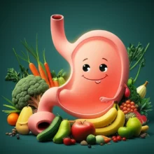 A-cute-3D-illustration-of-a-healthy,-peaceful-stomach-surrounded-by-nourishing-foods,-symbolizing-gut-health.